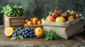 Fresh fruits in burlap sack. Strawberries peaches citrus and blueberries on rustic wooden table. Green leaves and dark background still life arrangement. photo