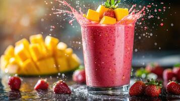 Pink smoothie splashing out of glass. Mango chunks and strawberries on top. Fruits scattered around. Refreshing drink on dark surface. photo