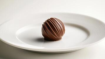 Chocolate truffle sits on a clean white plate. The sweet dessert has lined decoration and is perfectly centered on a white surface. photo