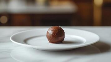 Chocolate truffle sits alone on a white plate. The scene is simple with a clean background. Delicious treat ready to be enjoyed. photo