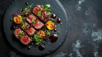 Sliced tender beef steak served on dark plate with grilled fruit herbs and dark sauce. Gourmet meat meal with red core and nice garnish. photo