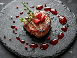 Grilled steak rests on dark stone plate. Red sauce circles the meat, topped with thyme and red garnish. Pepper and spice decorates surface. photo