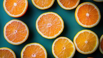 Vibrant orange slices arranged on a plain green surface top view. Fresh juicy fruit halves displayed creatively. Food concept with citrus pattern for backgrounds. photo