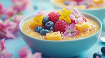 Smoothie bowl close up with fresh mango raspberries blueberries decorated with flowers on blue surface. Healthy tasty colorful dessert. photo