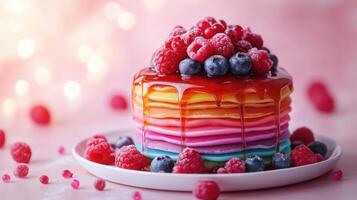 Stack of colorful pancakes topped with fresh berries and sweet syrup on white plate against pink bokeh background delicious dessert photo