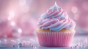 Pink Cupcake with Swirled Frosting and Silver Sprinkles. Delicious Treat on Light Surface. Festive Confection with Blurred Pink Background. Sweet Dessert Close Up. photo