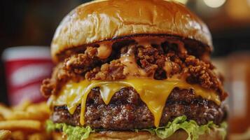 Delicious double beef burger with melted cheese and fried chicken on top with fresh lettuce and sauce on a shiny bun. Served with fries. photo