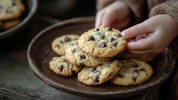 Hands taking a chocolate chip cookie from a wood plate. Stack of cookies on a weathered wood table. Delicious sweet treat snack. photo