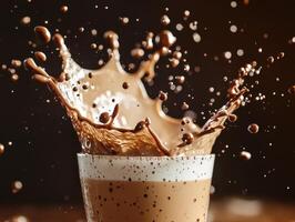 Chocolate liquid splashing out from a clear glass on a brown surface. Brown liquid in the air with a dark background. photo