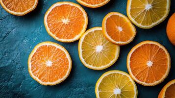 Orange and lemon slices displayed on textured blue background. Fresh citrus fruit cut open. Colorful fruit halves arranged on surface. Delicious orange and yellow. photo