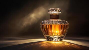 Elegant glass bottle with golden liquid stands on reflective surface. Dark background with blurred light behind. Faceted crystal cap atop the bottle. photo