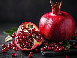 Ripe pomegranate fruit. Half cut pomegranate showing seeds. Whole pomegranate and loose seeds on dark surface. Healthy food still life. photo