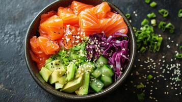 Close up of salmon avocado bowl with cabbage cucumber scallions and sesame seeds on dark rustic surface healthy meal photo