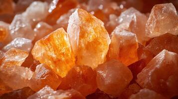 Pile of orange and white mineral salt crystals. Rough texture. Close up view of irregular shapes. Warm light on the surface. photo