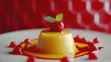 Dessert of caramel custard with raspberry and mint. Bright red sauce on a white plate with decorative red background. Food photography. photo