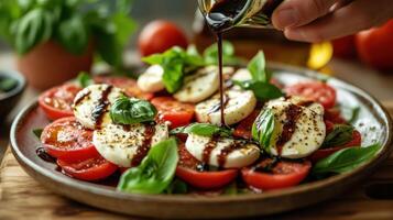 Fresh caprese salad. Balsamic glaze is poured over sliced tomatoes, soft mozzarella, and basil on a plate. Ready to eat. photo
