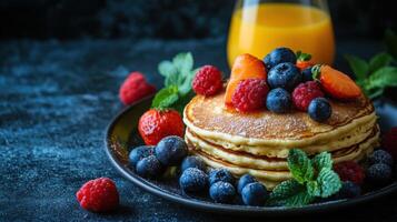 Stack of pancakes topped with fresh berries. Raspberry, blueberry and strawberry garnish with mint leaves. Orange juice in background. Dark blue table setting. photo