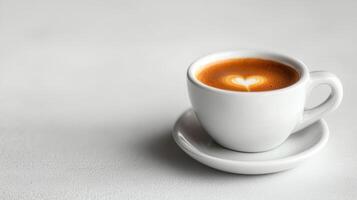 Espresso in a white cup with heart shaped latte art on a white surface. Small coffee drink with creamy design. photo