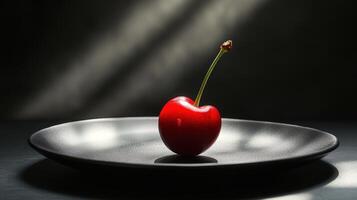 Single red cherry sits on a dark plate. Light shines on the food with a black background. Simple and minimalist still life. photo