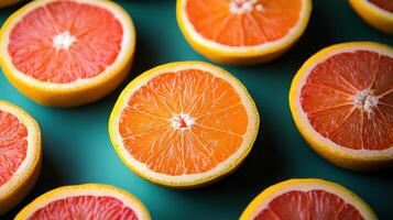 Citrus fruit halves on green background. Orange slices and pink grapefruit pieces arranged together. Fresh vibrant food pattern. Close up view. photo