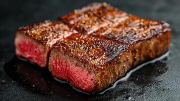 Cooked beef steak cut open on black stone surface. Rare meat with crisp crust and seasoning. Close up shot of food preparation. photo