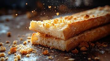Close up of crusty bread slices stacked on a dark surface with crumbs and dust particles floating in the air in soft lighting photo