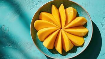Sliced yellow fruit in blue bowl. Pieces of mango arranged in circle. Fresh bright food on textured surface with shadow and natural light. photo