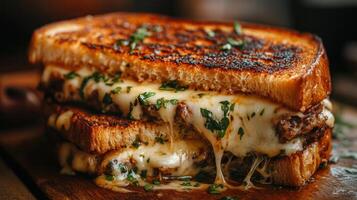 Grilled sandwich with cheese and meat filling on a wooden board. Melted cheese dripping. Garnished with green herbs. Close up view. photo