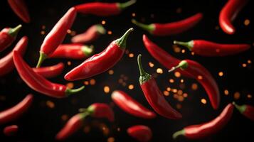 Red chili peppers float against a dark backdrop. Bright yellow specks add dimension. Spicy food concept. Vibrant color. Fresh vegetables. photo