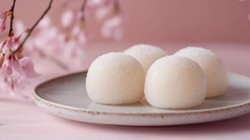 Sweet mochi rice cakes on plate with pink flowers against a soft pink background create a gentle and elegant scene. photo