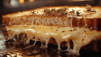 Grilled cheese sandwich close up. Melting cheese oozing. Fresh herbs garnish. Cooking on flat top. Warm and inviting food photography. photo