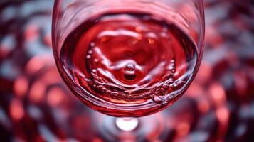 Close up wine glass. Red liquid in glass. Tiny bubbles forming. Abstract pattern background. Bright and vivid colors. Celebration drink. photo
