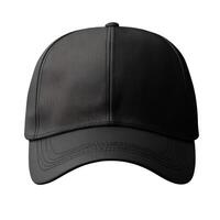 Simple black baseball cap in front view. Isolated on black background. Fabric texture. Plain cap with curved brim. photo