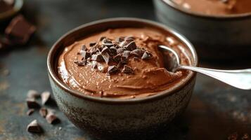 Chocolate dessert mousse in bowl. Dark chocolate pieces on top. Spoon in bowl. Dark textured table. Another bowl in background. Close up food shot. photo