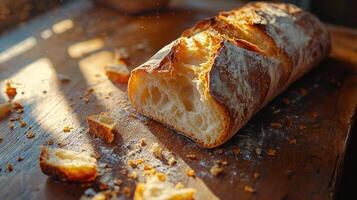 Fresh baked bread loaf sits on wooden cutting board with crumbs and flour in warm sunlight showing interior and crust. photo