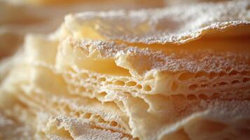 Stack of thin pancakes covered in powdered sugar. Close up view of crepes dessert. Sweet food with light and airy texture. photo