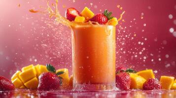 Fruit smoothie splashing in a glass with mango and strawberries against red background. Refreshing drink with vibrant colors and fresh fruits. photo