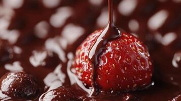 Strawberry covered with dark chocolate. Rich and glossy chocolate dripping onto red fruit. Sweet dessert preparation. Selective focus on chocolate drip. photo