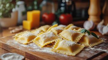 Fresh ravioli pasta squares dusted with flour sitting on wooden board. Tomatoes, garlic and cheese block in blurred background. Italian food preparation. photo