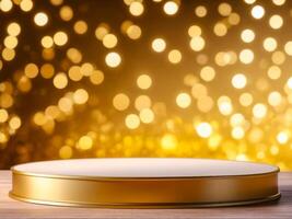 Gold Podium on Wooden Table with Golden Bokeh Background photo
