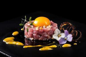 Exquisite wagyu tartare with smoked egg yolk emulsion and edible flowers on sleek black presentation photo