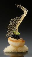 Golden-brown seared scallops with yuzu beurre blanc and caviar pearls create a stunning culinary masterpiece photo