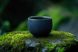 Close-up of a ceramic cup filled with tea resting on mossy stone under the night sky photo