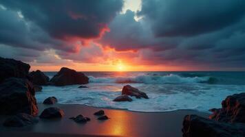 Dramatic Beach Sunset With Rocks And Clouds photo