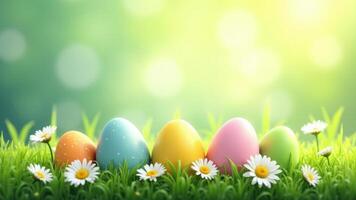 Colorful Easter Eggs In Grass With Daisies photo