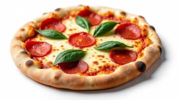 Delicious Pepperoni Pizza With Basil Leaves photo