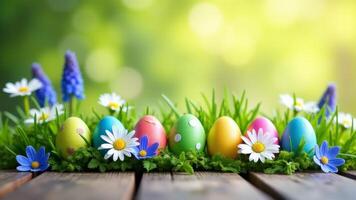 Colorful Easter Eggs On Wooden Surface photo