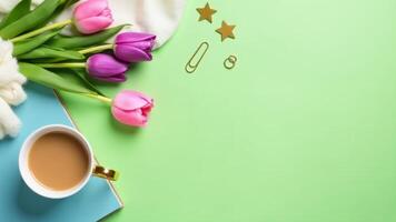 Tulips And Coffee Cup Flat Lay photo