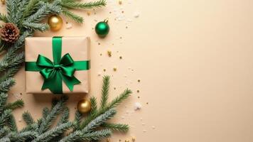 Christmas Gift Box With Green Ribbon photo