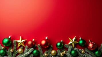 Christmas Ornaments And Fir Branches On Red photo